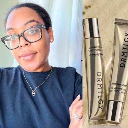 A woman wearing glasses with her hair pulled back, smiling at the camera. She is next to 2 tubes of lip balm. 