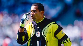 LENS, FRANCE - JUNE 28: Jose Luis Chilavert goalkeeper for Paraguay in action during the World Cup round of 16 match between France (1) and Paraguay (0) at the Stade Bollaert-Delelis on June 28, 1998 in Bordeaux, France. (Photo by Simon Bruty/Anychance/Getty Images)