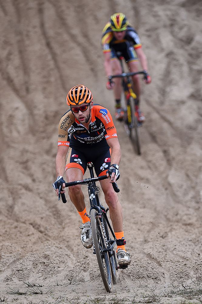 Rob Peeters (Bel) negotiates the sand pit at Zonhoven.