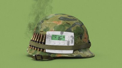 Illustration of a military helmet with a thermostat strapped on