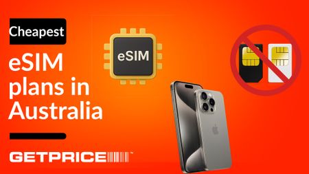 Red/ orange background with white text on the left side that says Cheapest eSIM plans in Australia with GetPrice logo underneath and an image of an eSIM and sim cards and a smart phone on the right side