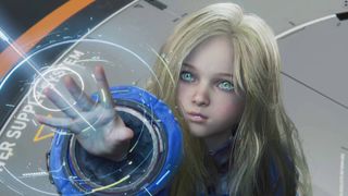 Pragmata Diana hacking in the Shelter with her arm outstretched