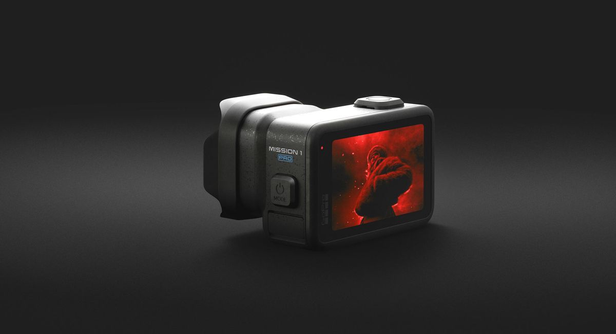 Rear of the GoPro Mission 1 Pro action camera, on a dark gray studio background
