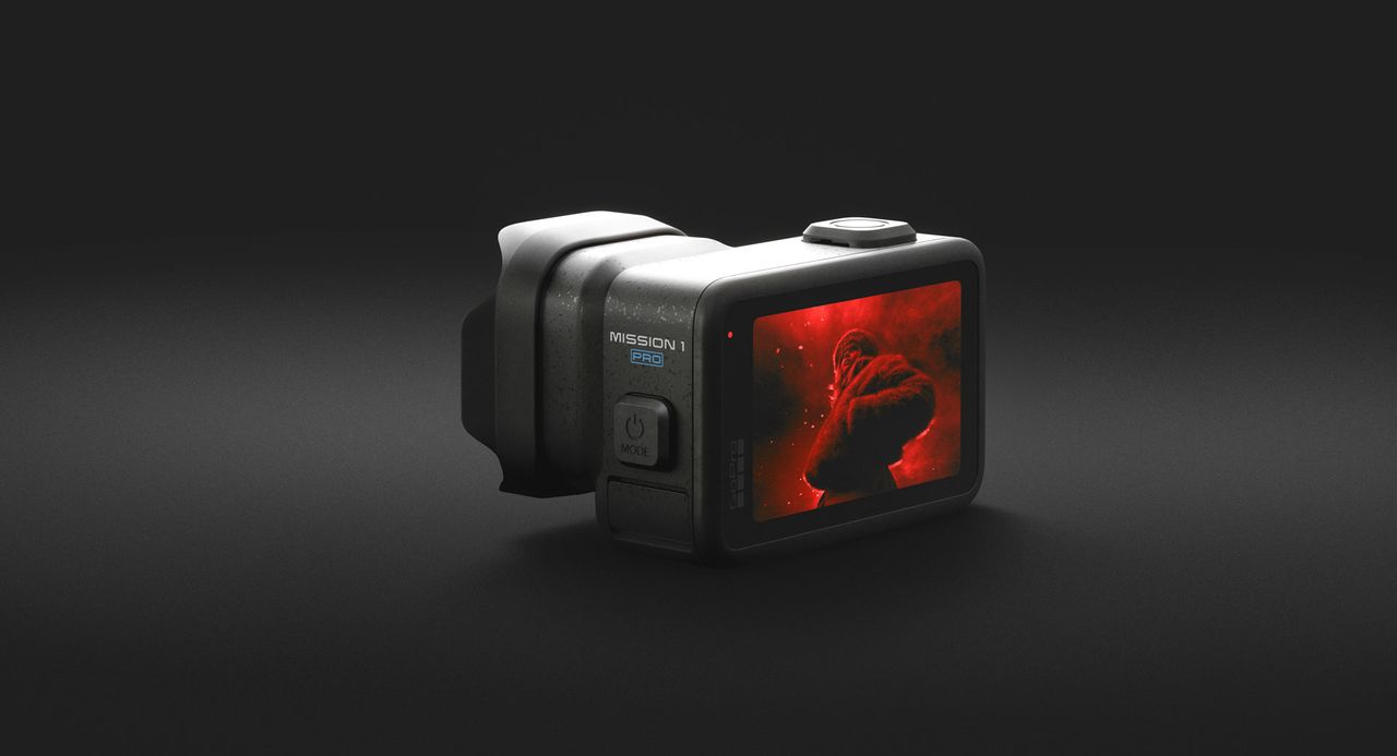 Rear of the GoPro Mission 1 Pro action camera, on a dark gray studio background
