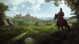 The key art of Manor Lords, showing someone on horseback looking at a castle in the distance