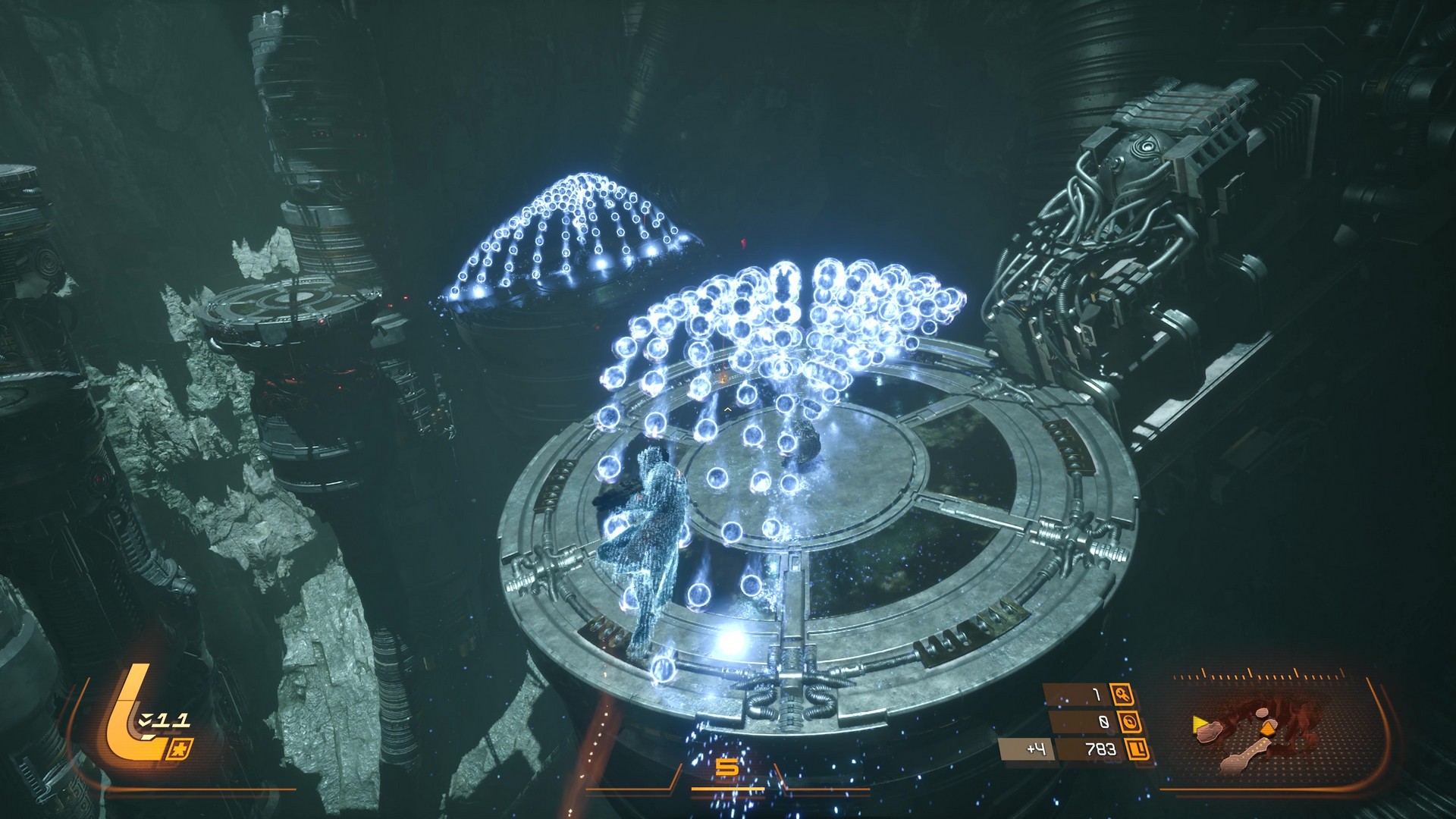 Arjun blasts through the Ancient Depths in Saros, an abandoned, mechanical mining environment, while avoiding orbal energy blasts