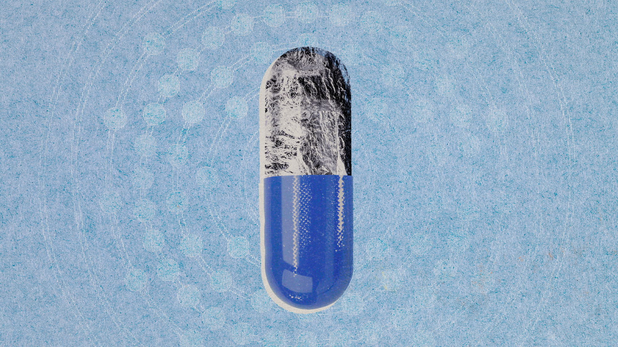 Photo collage of a pill. One half of it is made of metal, and the background faintly shows an iridium atom