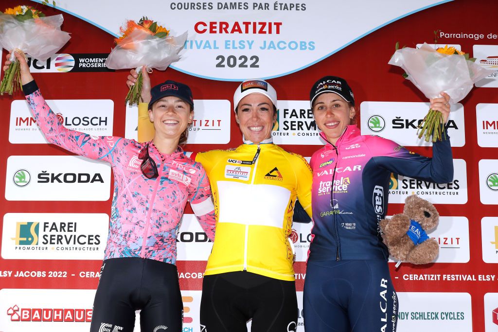GARNICH LUXEMBOURG MAY 01 LR Veronica Ewers of United States and Team EF Education Tibco Svb on second place race winner Marta Bastianelli of Italy and UAE Team ADQ Yellow Leader Jersey and Silvia Persico of Italy and Team Valcar Travel Service on third place pose on the podium ceremony after the 14th Ceratizit Festival Elsy Jacobs 2022 Stage 2 a 1093km stage from Garnich to Garnich felsy on May 01 2022 in Garnich Luxembourg Photo by Bas CzerwinskiGetty Images