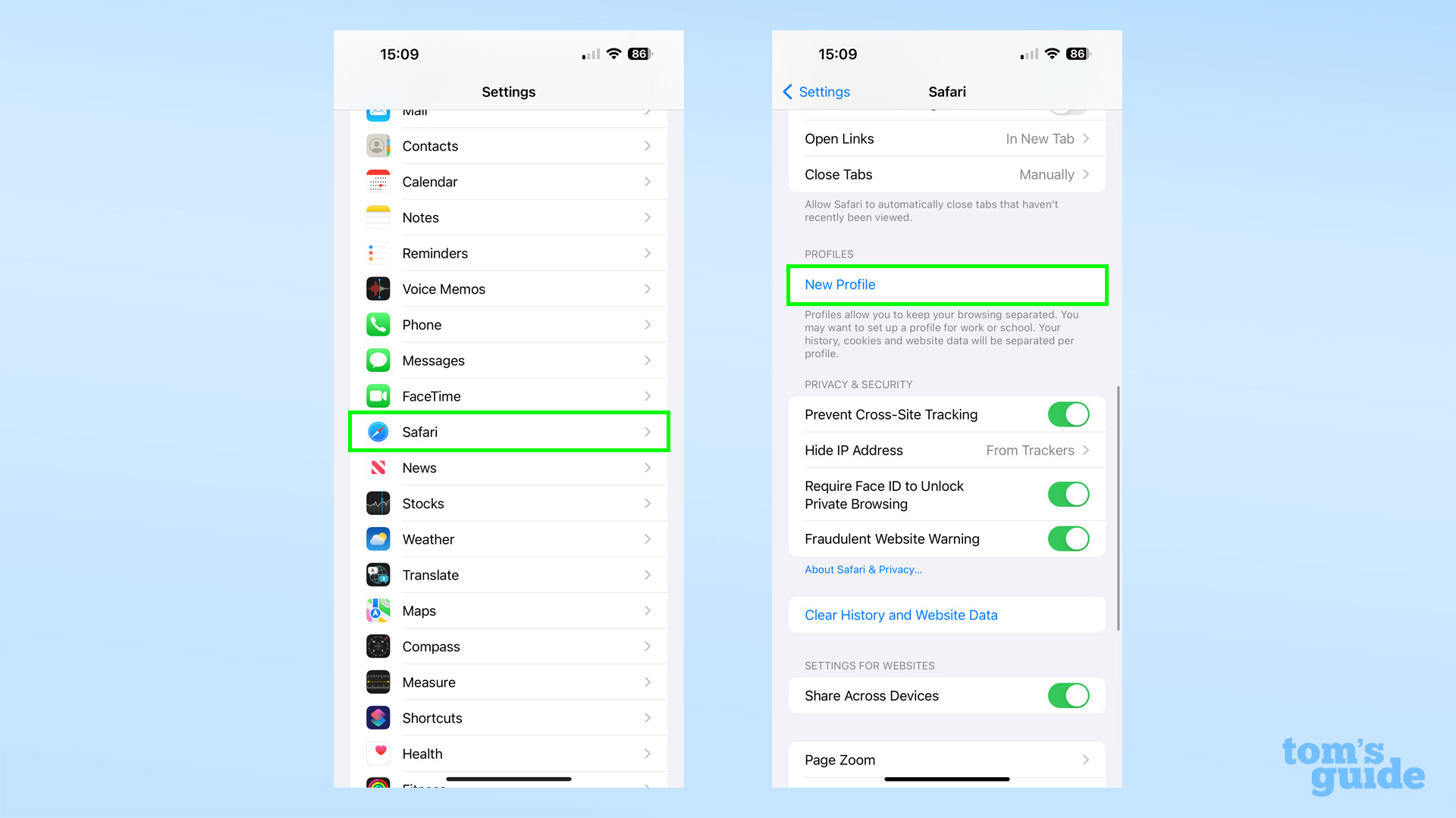 Снимки экрана, показывающие, где найти настройки Safari в главном приложении настроек iOS 17.