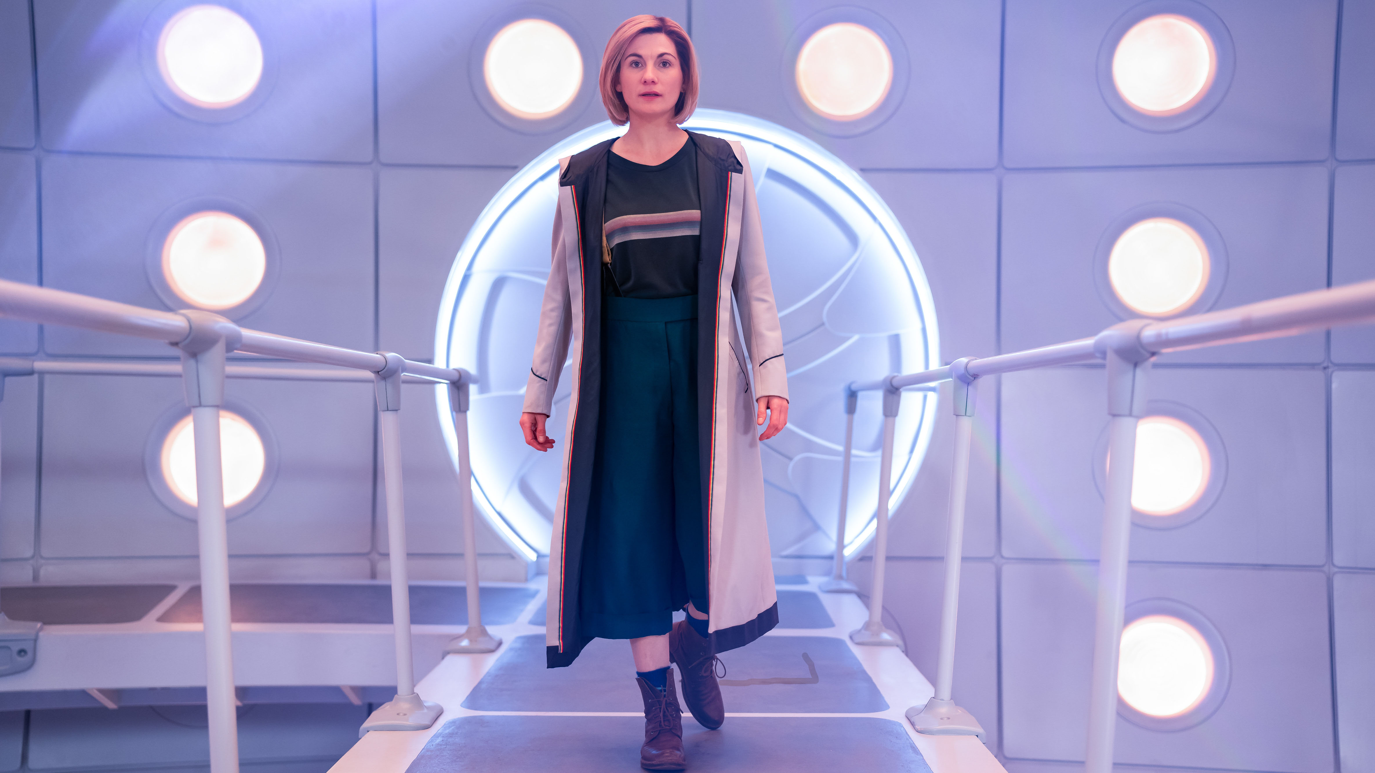 Jodie Whittaker as the 13th Doctor in the TARDIS.