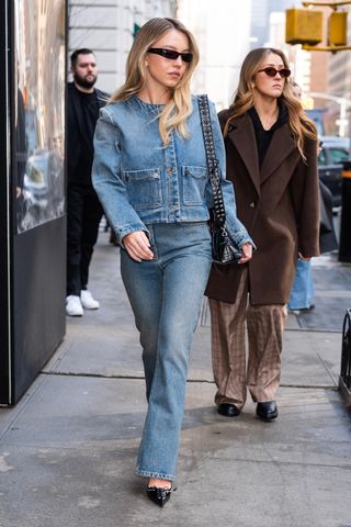 Sydney Sweeney Givenchy denim jacket jeans black lace up studded leather pumps mules New York City