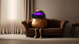 Couch potato wearing Apple Vision Pro headset alone in a dimly lit room