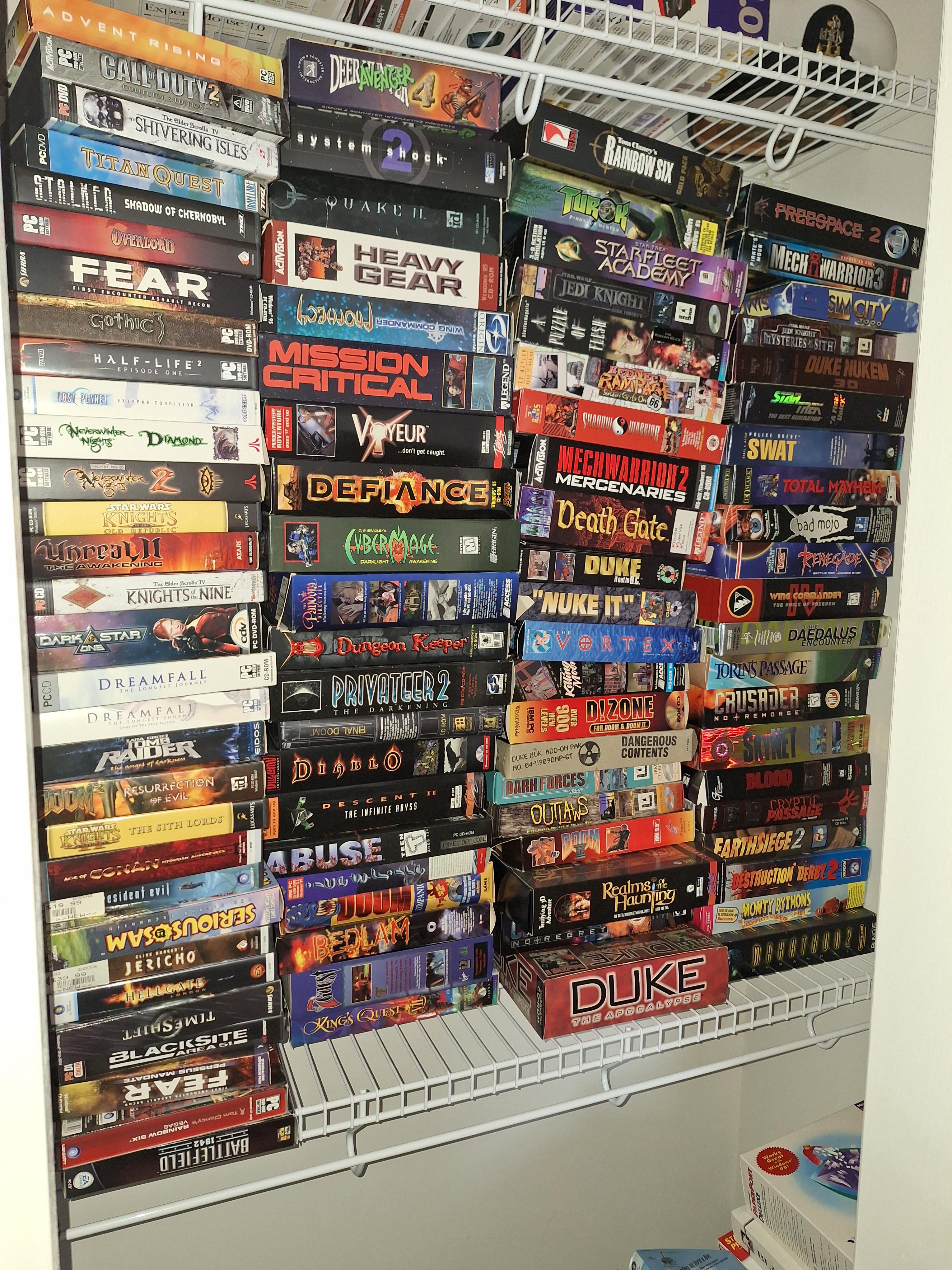 A closet full of dozens of big box PC games