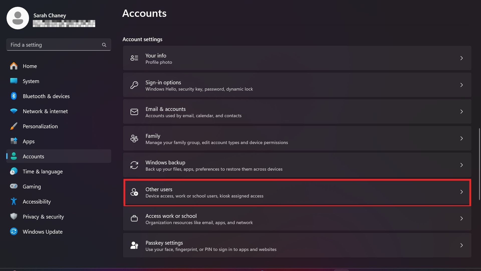 selecting other users in windows 11 account settings
