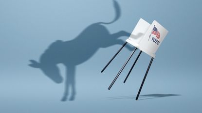 Illustration of the shadow of a Democratic donkey kicking over a voting booth