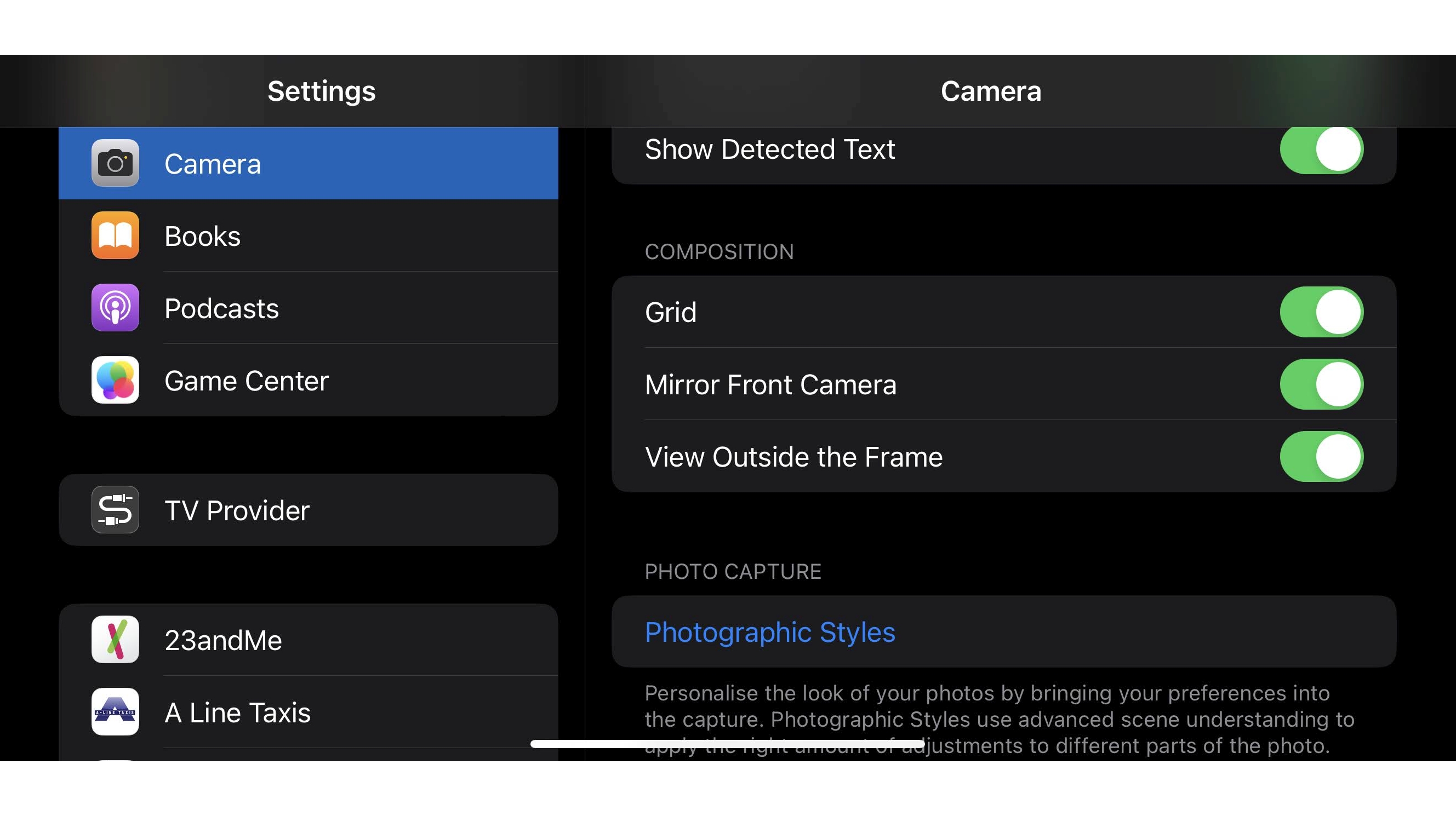 Schermata delle impostazioni della fotocamera dell'iPhone