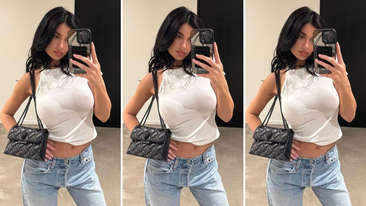 Kylie Jenner carrying Kurt Geiger Kensington Drench Bag