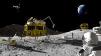 two large, golden landers on the surface of the moon, with four astronauts in white spacesuits working near them