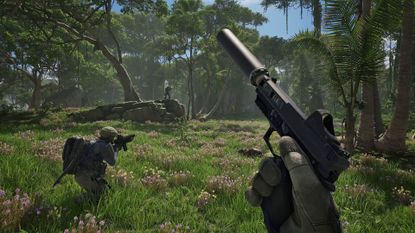 Screenshot from PUBG: Black Budget, showing a first-person view of someone reloading their silenced pistol while in a green forest.