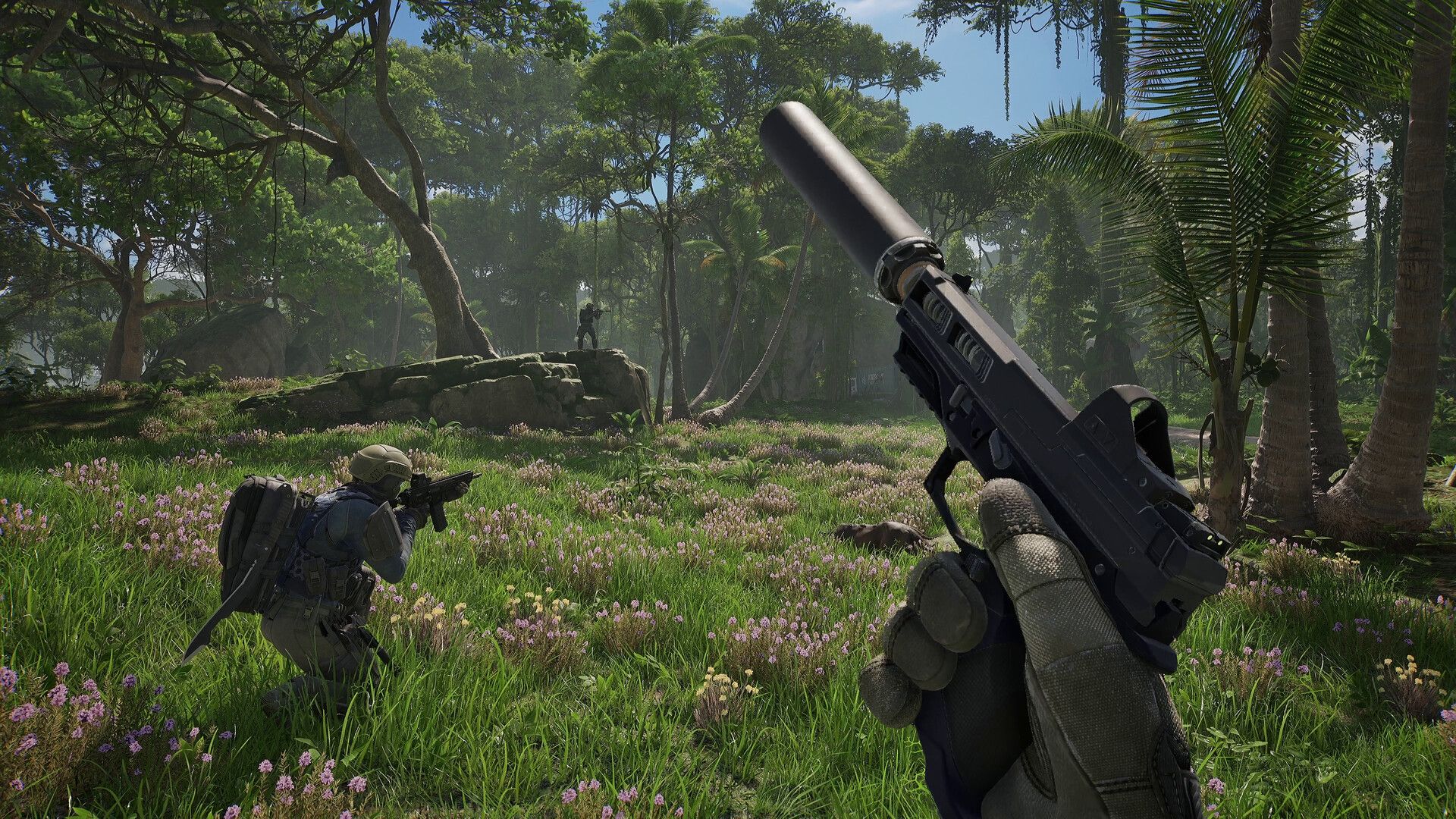 Screenshot from PUBG: Black Budget, showing a first-person view of someone reloading their silenced pistol while in a green forest.