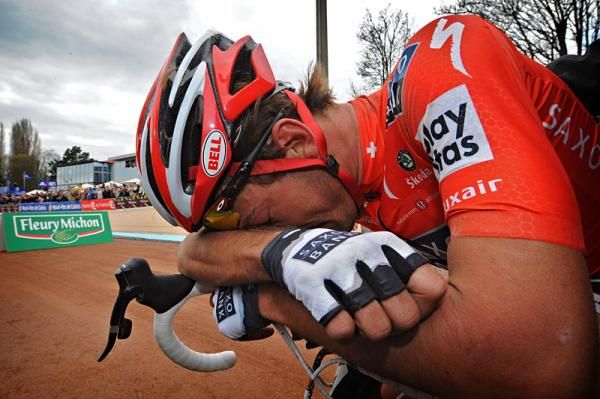 An exhausted Fabian Cancellara after winning Paris-Roubaix for the second time.