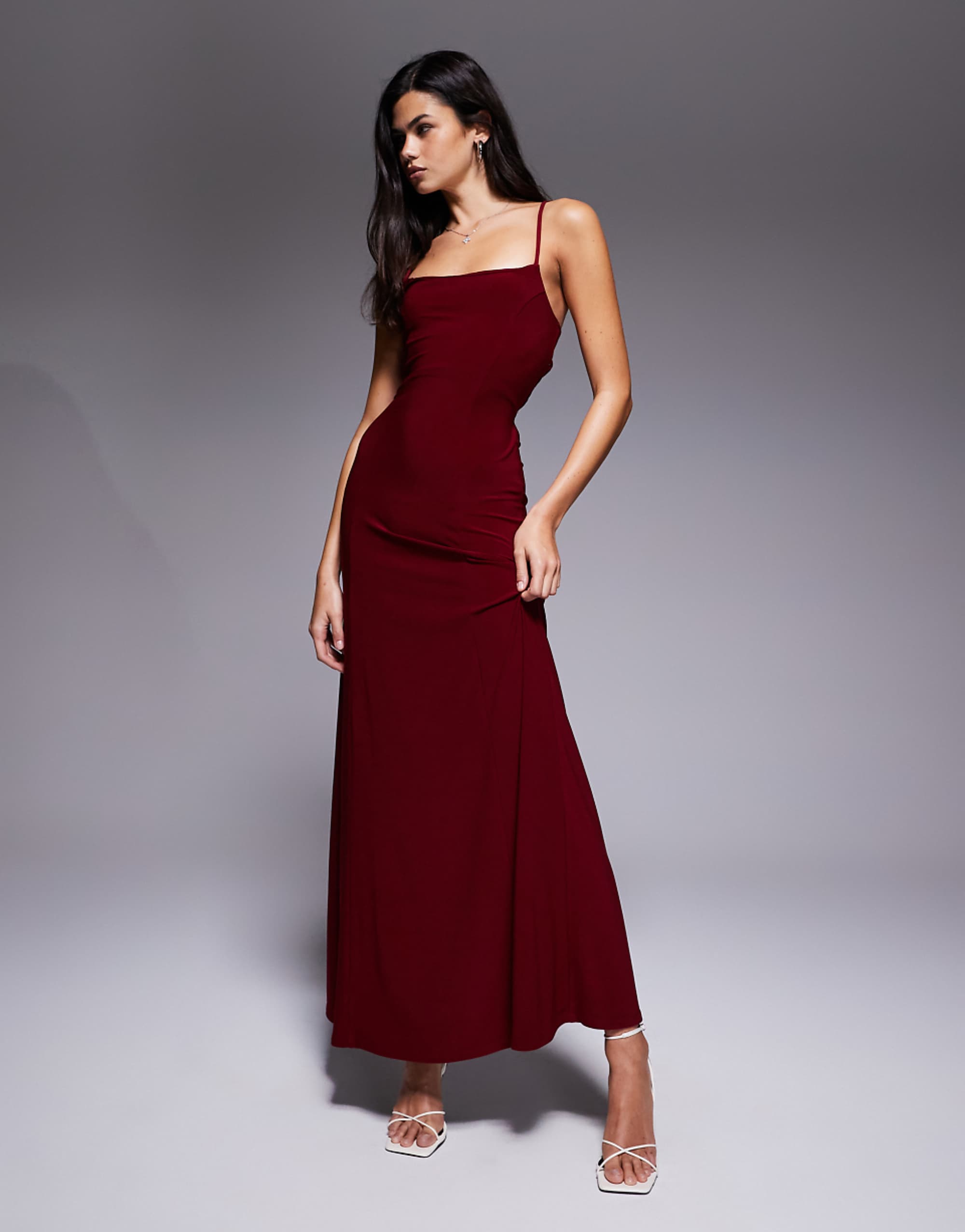 Asos Design Lace Up Back Maxi Slip Dress in Burgundy