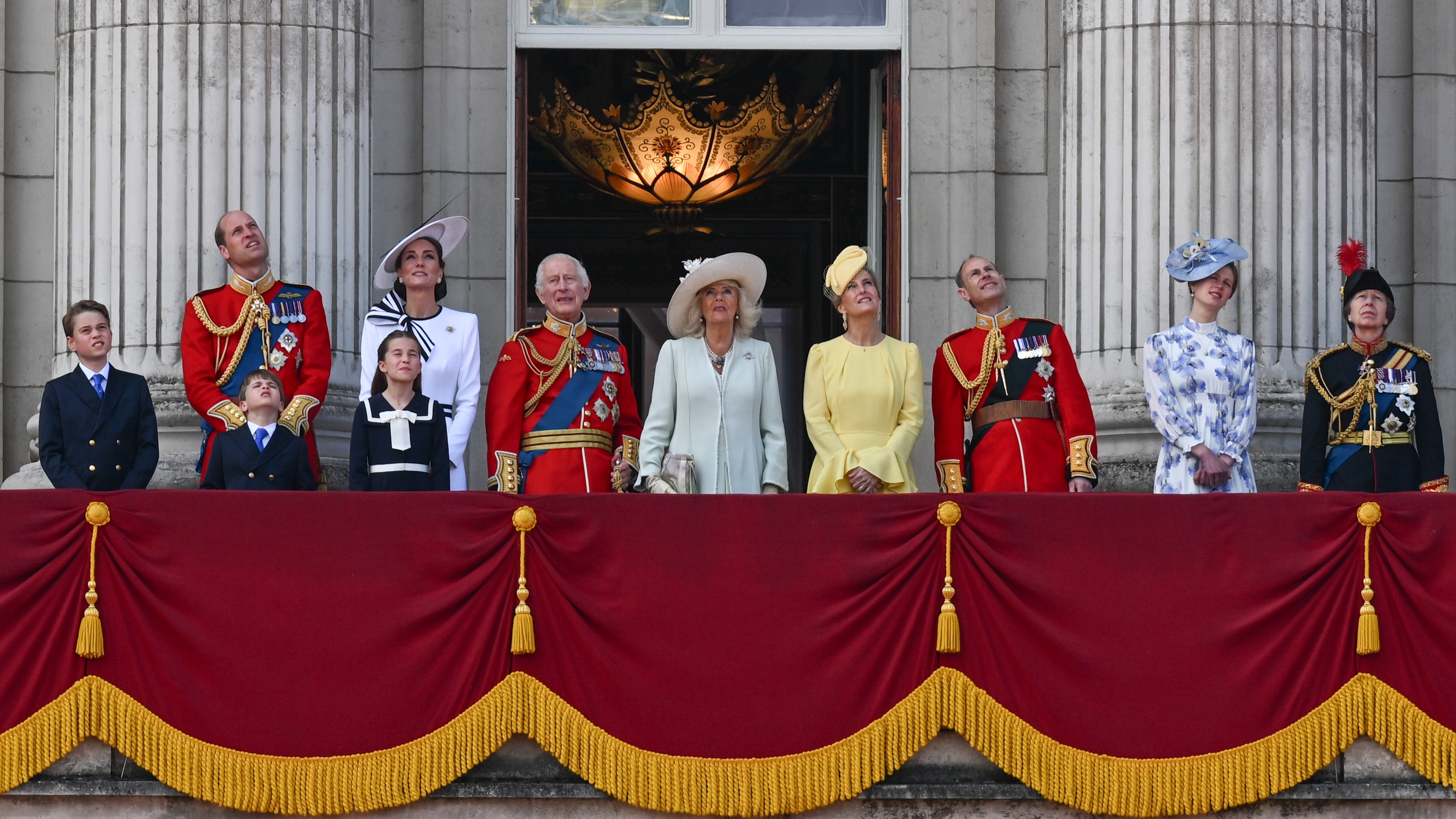 Working royals stand on the Buckingham Palace balcony after Trooping the Colour on June 15, 2024