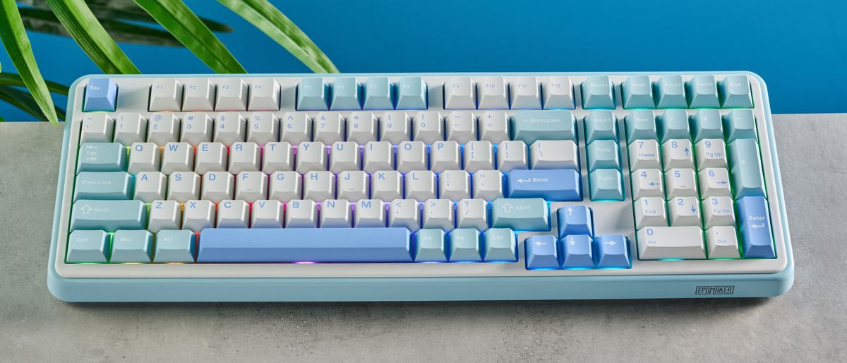 A white and blue Epomaker TH99 96% mechanical keyboard