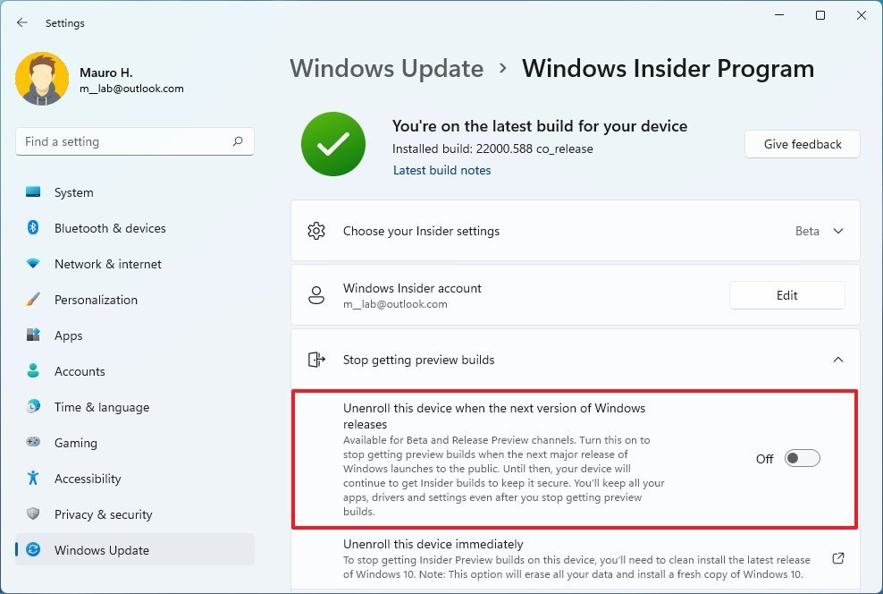 Unenroll Windows Insider Program