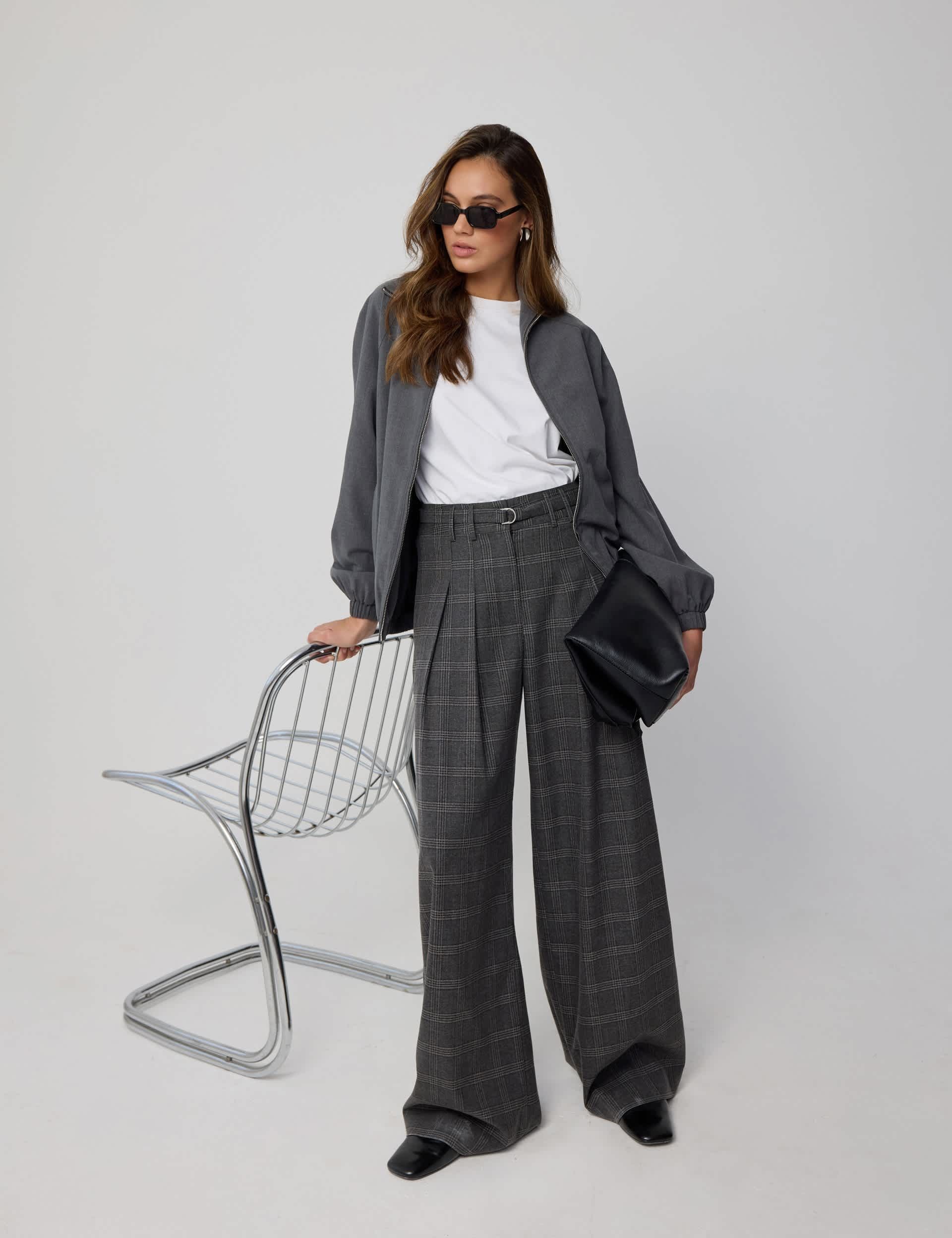Checked Belted Tailored Wide Leg Trousers