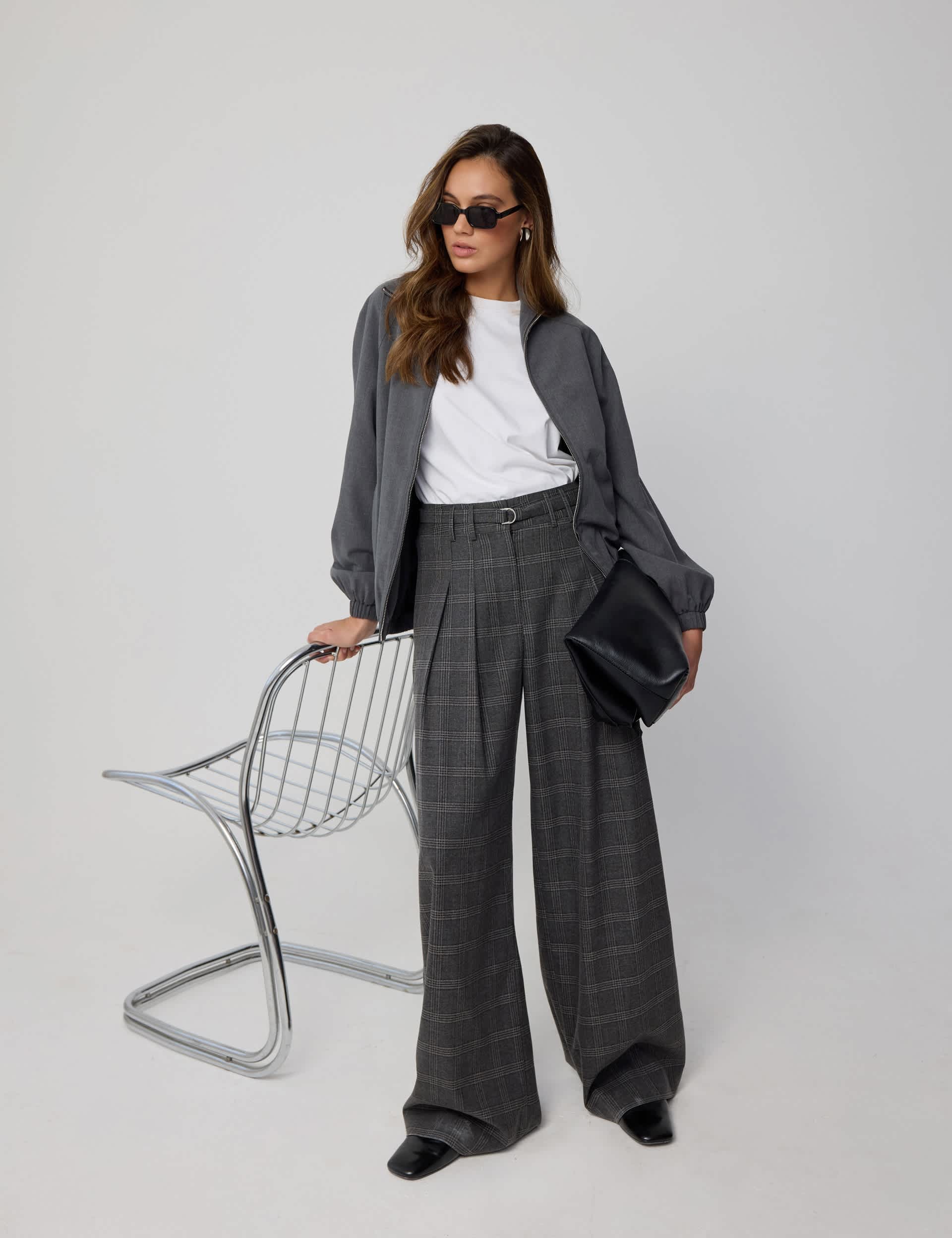 Checked Belted Tailored Wide Leg Trousers