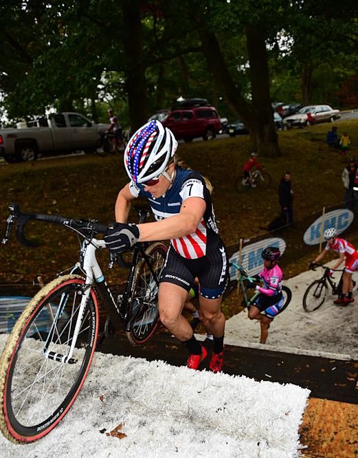 Katie Compton (Trek Factory Team) leading at the stairs on lap one