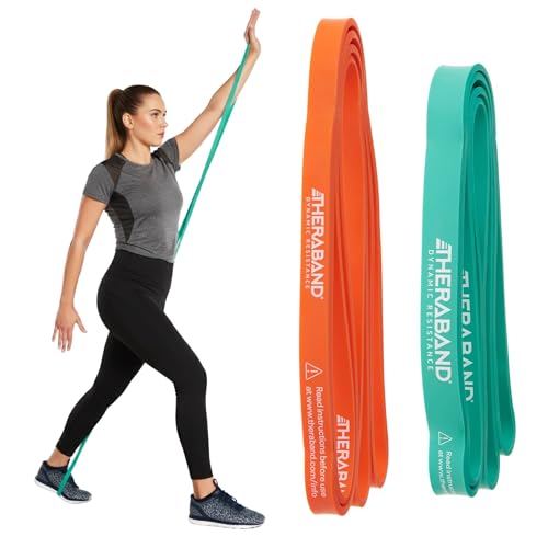 Theraband High Resistance Bands, Set of 2 Elastic Super Bands for Improving Flexibility, Injury Rehab, &amp;amp; Full Body Workouts, Heavy Duty Stretch Bands for Lifting, 1 Light &amp;amp; 1 Medium Band