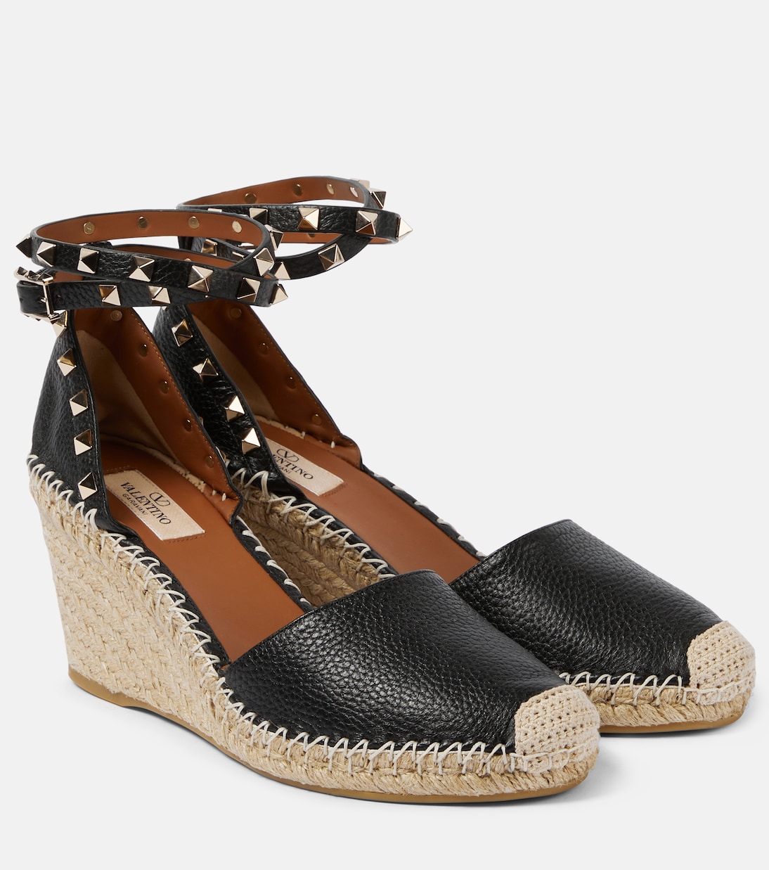 Rockstud Double Leather Wedge Espadrilles in Black - Valentino Garavani