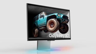 Official promo image of the Samsung Odyssey 3D monitor facing the to the right on a light gray background.