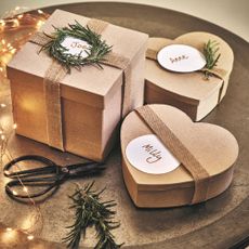 Brown gift boxes with hessian ribbon and handmade tags