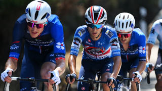 BAIONA, SPAIN - AUGUST 27: (L-R) Stefan Kung of Switzerland and Team Groupama-FDJ and William Junior Lecerf of Belgium and Team T-Rex Quick Step compete during the La Vuelta - 79th Tour of Spain 2024, Stage 10 a 160km stage from Ponteareas to Baiona / #UCIWT / on August 27, 2024 in Baiona, Spain. (Photo by Tim de Waele/Getty Images)