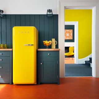 kitchen with yellow fridge and wooden flooring