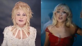 Side by side of Dolly Parton in the song 'Home' and Sabrina Carpenter in 'Please Please Please'
