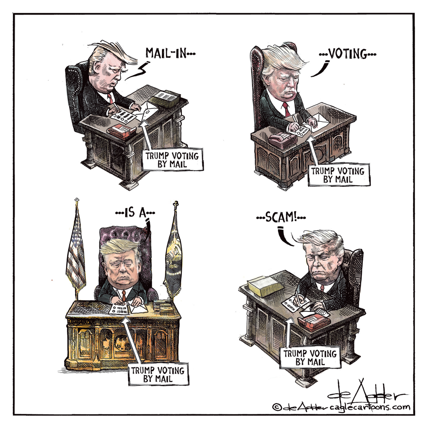 This cartoon depicts Donald Trump in four different scenes filling out a ballot to vote by mail. In each scene he says a phrase that combined to read, &amp;ldquo;Mail-in voting is a scam!&amp;rdquo;