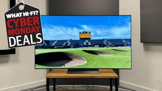 The 65-inch LG C4 photographed on a wooden stand with an image of a golf course on the screen