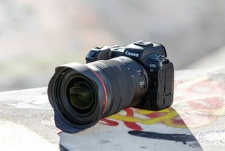 Canon EOS R5 camera outside on a wall with graffiti