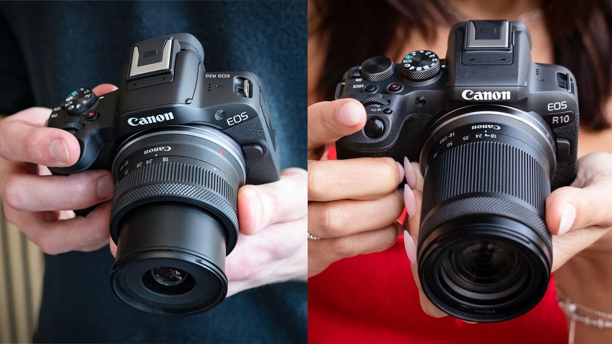 Canon EOS R50 in a man&#039;s hands, next to a Canon EOS R10 in a woman&#039;s hands