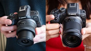 Canon EOS R50 in a man's hands, next to a Canon EOS R10 in a woman's hands
