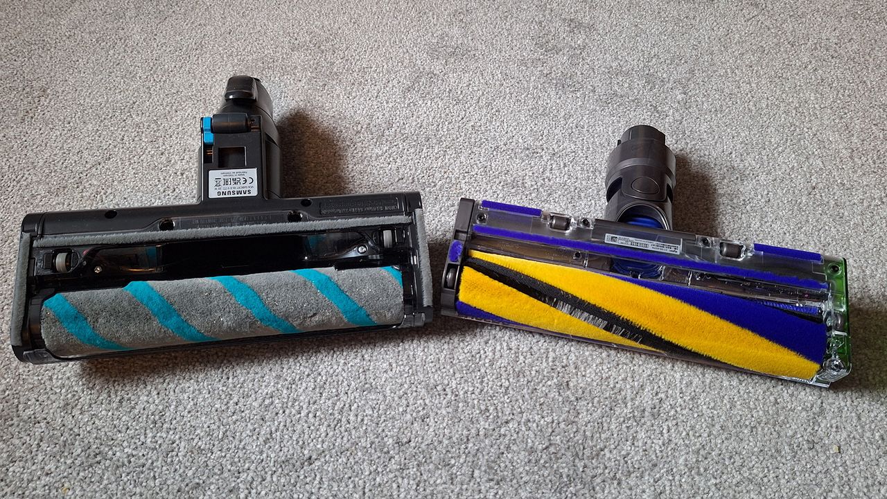 Samsung Bespoke AI Jet Ultra Slim LED Brush+ (left) and Dyson Gen5detect Fluffy Optic floorhead, both flipped over to show undersides