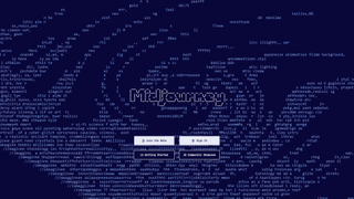 The Midjourney AI website landing page, which features a rolling animated stream of numbers and words.