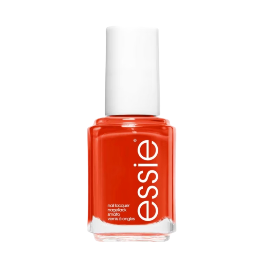 A product shot of the Essie nail polish in shade 67 Meet Me At Sunset (a dark orange), on a white background