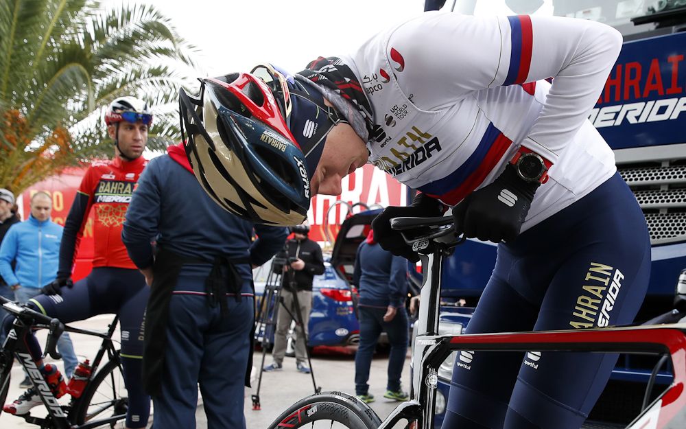 Matej Mohoric gets ready for a ride at team cmap