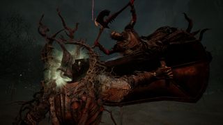 The Lamp Bearer from Lords of the Fallen gets slammed onto a shield, limbs flying in the air.
