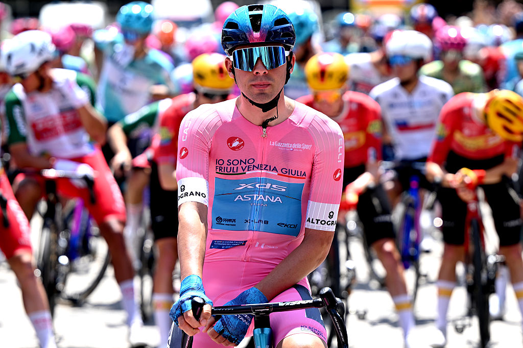 PLOVDIV, BULGARIA - MAY 10: Guillermo Thomas Silva of Uruguay and Team XDS Astana - Pink Leader Jersey and a view of Trofeo Senza Fine prior to the 109th Giro d&amp;amp;apos;Italia 2026, Stage 3 a 175km stage from Plovdiv to Sofia / #UCIWT / on May 10, 2026 in Plovdiv, Bulgaria. (Photo by Dario Belingheri/Getty Images)